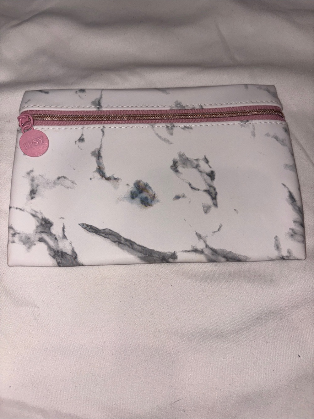 ipsy White Marble Cosmetic Pouch with Pink Zipper